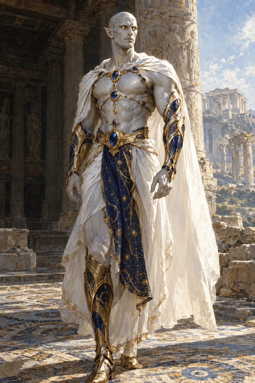A golden-armored humanoid stands beneath sunlit temple columns