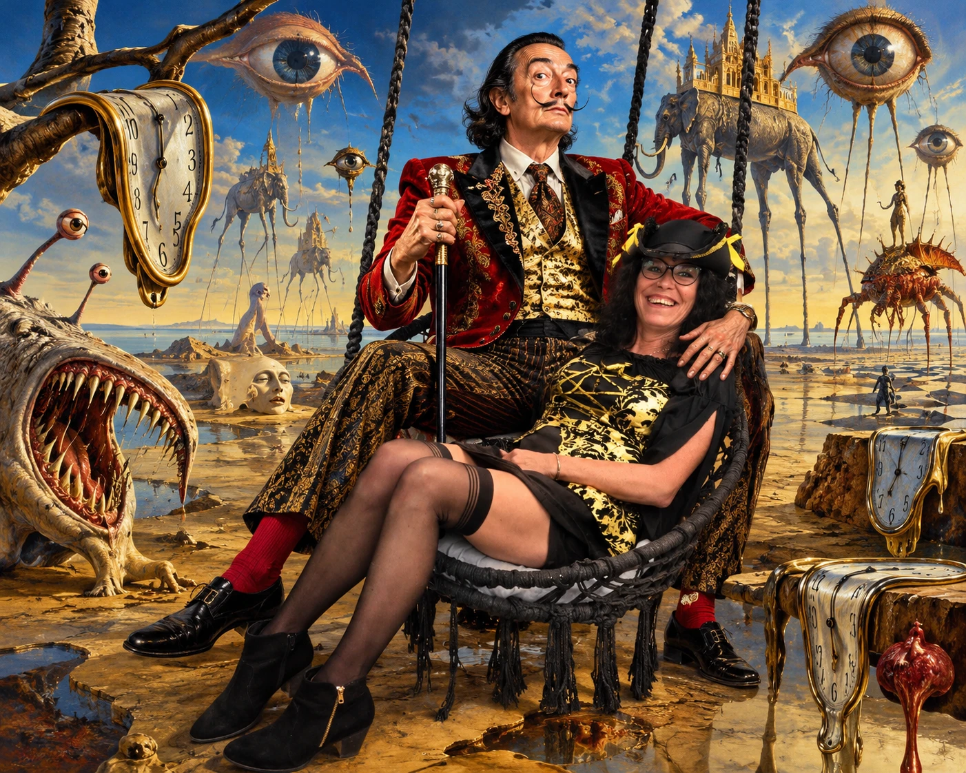 Ein surrealistisches Porträt von Salvador Dalí, der auf einer Frau sitzt
