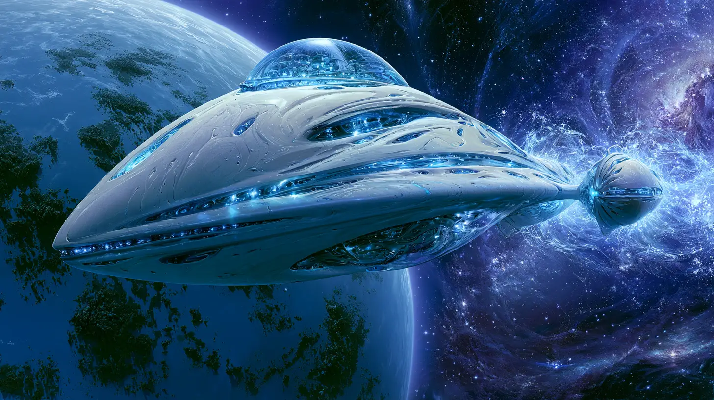 A colossal spaceship soars past a vast planet in deep space
