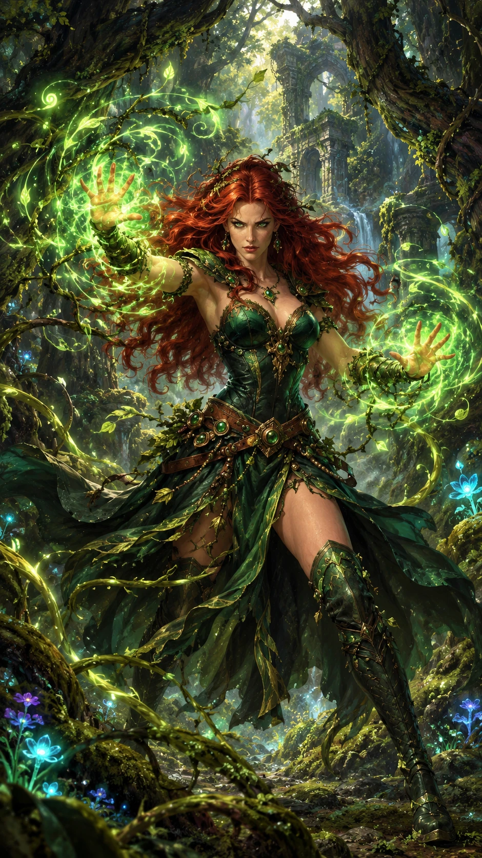 Une femme rousse lance un sort dans une forêt enchantée