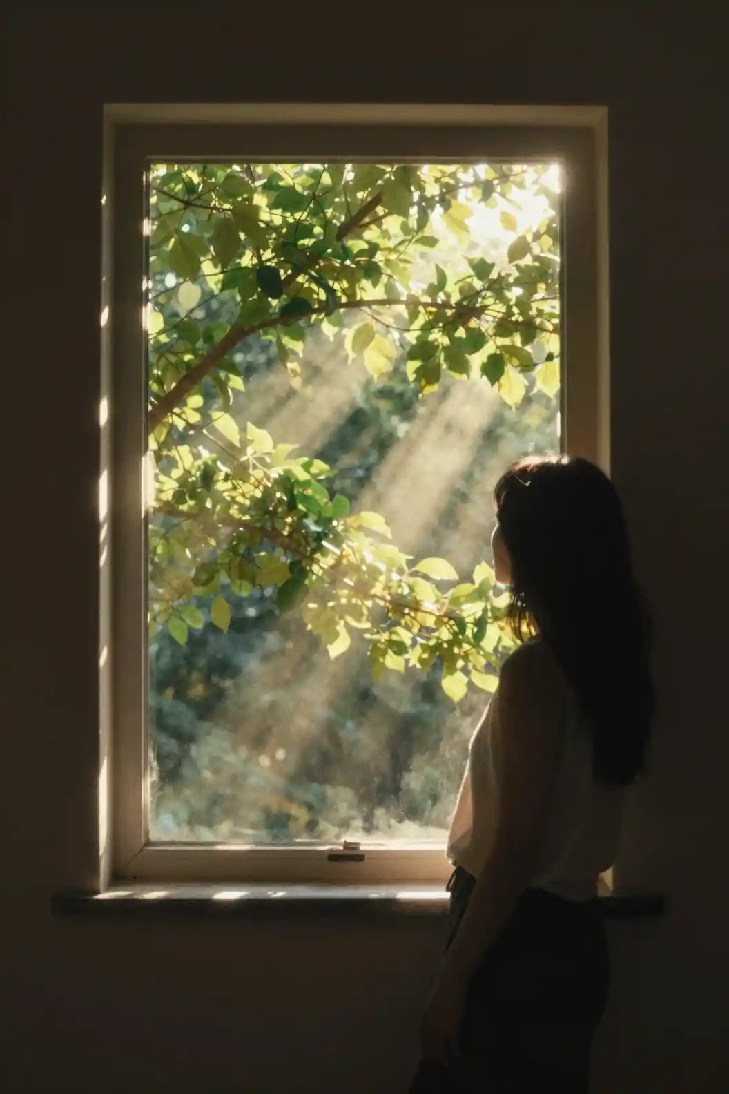 A woman's silhouette leans beside a window framing sunlit green foliage