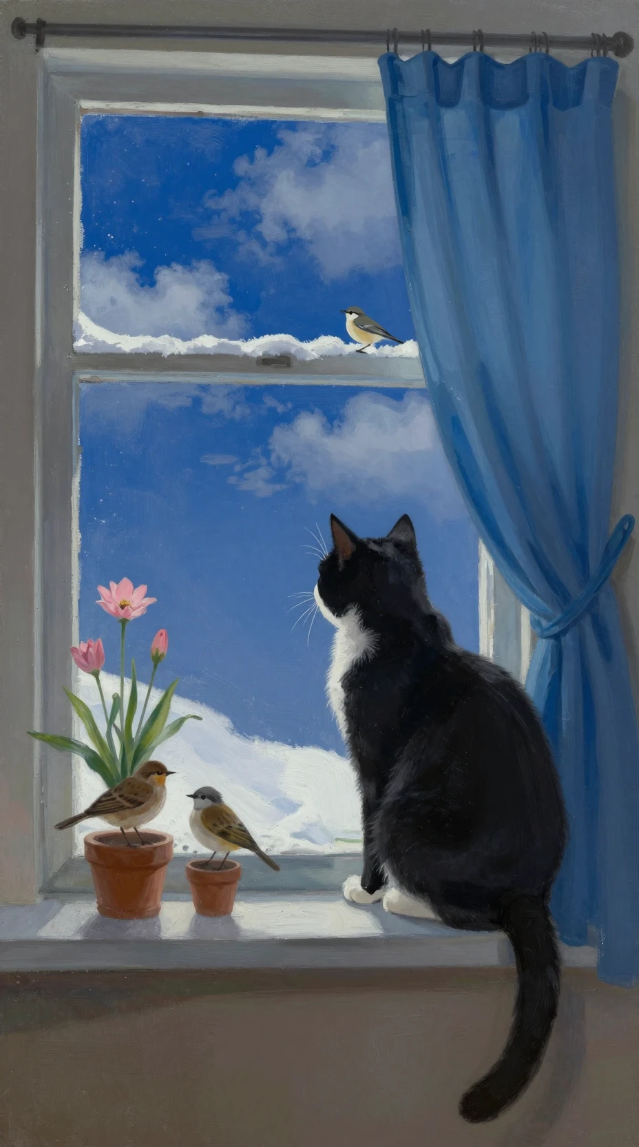 A Black Cat Watches From a Snow-Covered Window Beside Small Birds