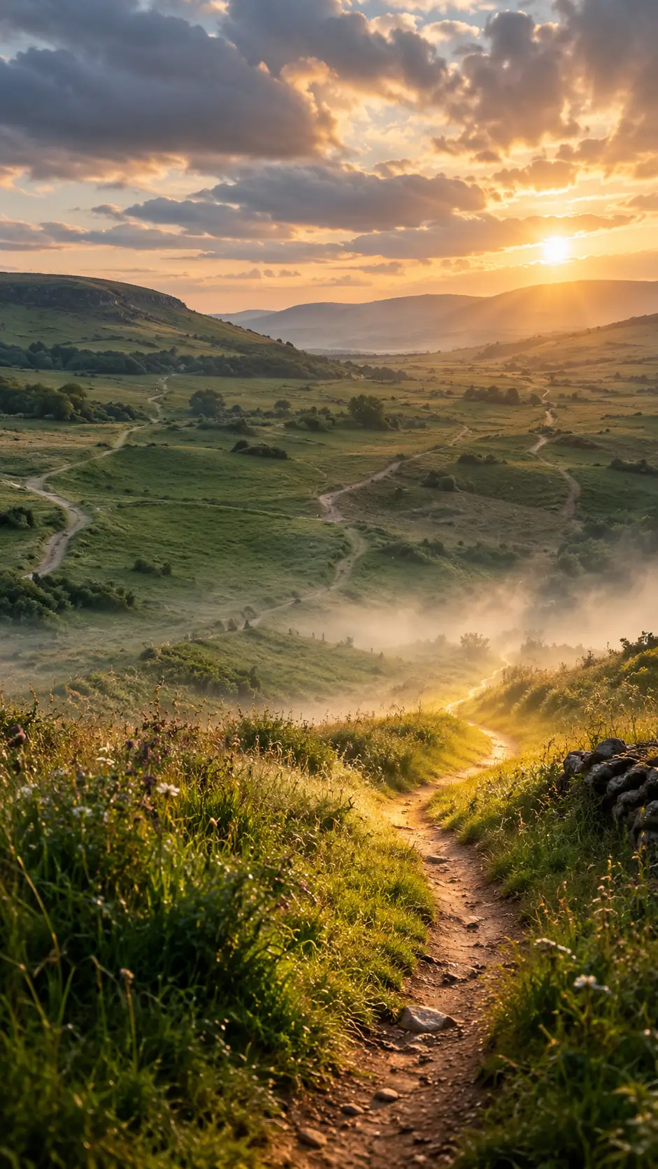 Ein stilles britisches Tal, in dem sich gewundene Pfade im Morgennebel verlieren
