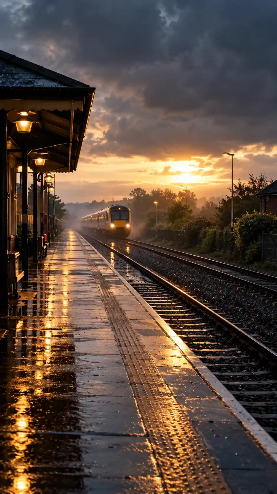 Una tranquilla banchina ferroviaria britannica si illumina mentre un treno si avvicina dopo la pioggia