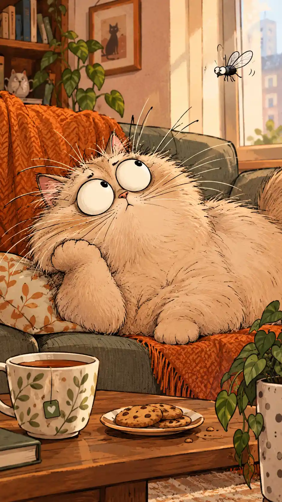 A plump beige cat stares up at a passing fly from a cozy sofa