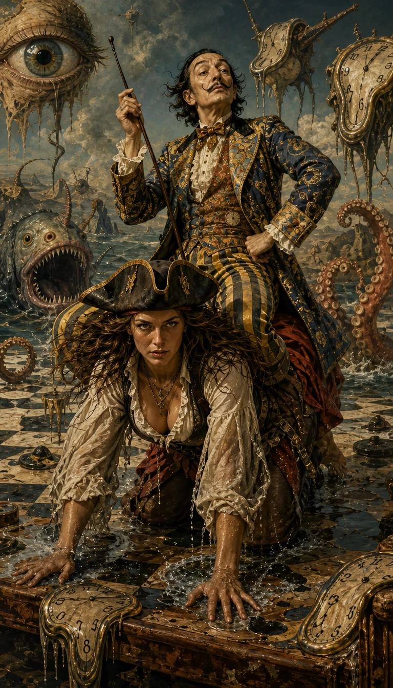 Salvador Dalí cavalca un pirata tra mostri marini surreali