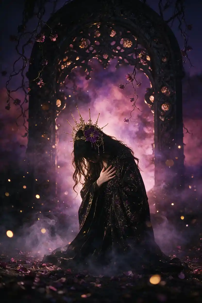 A Human Figure in a Purple and Dark Pink Fantasy Scene