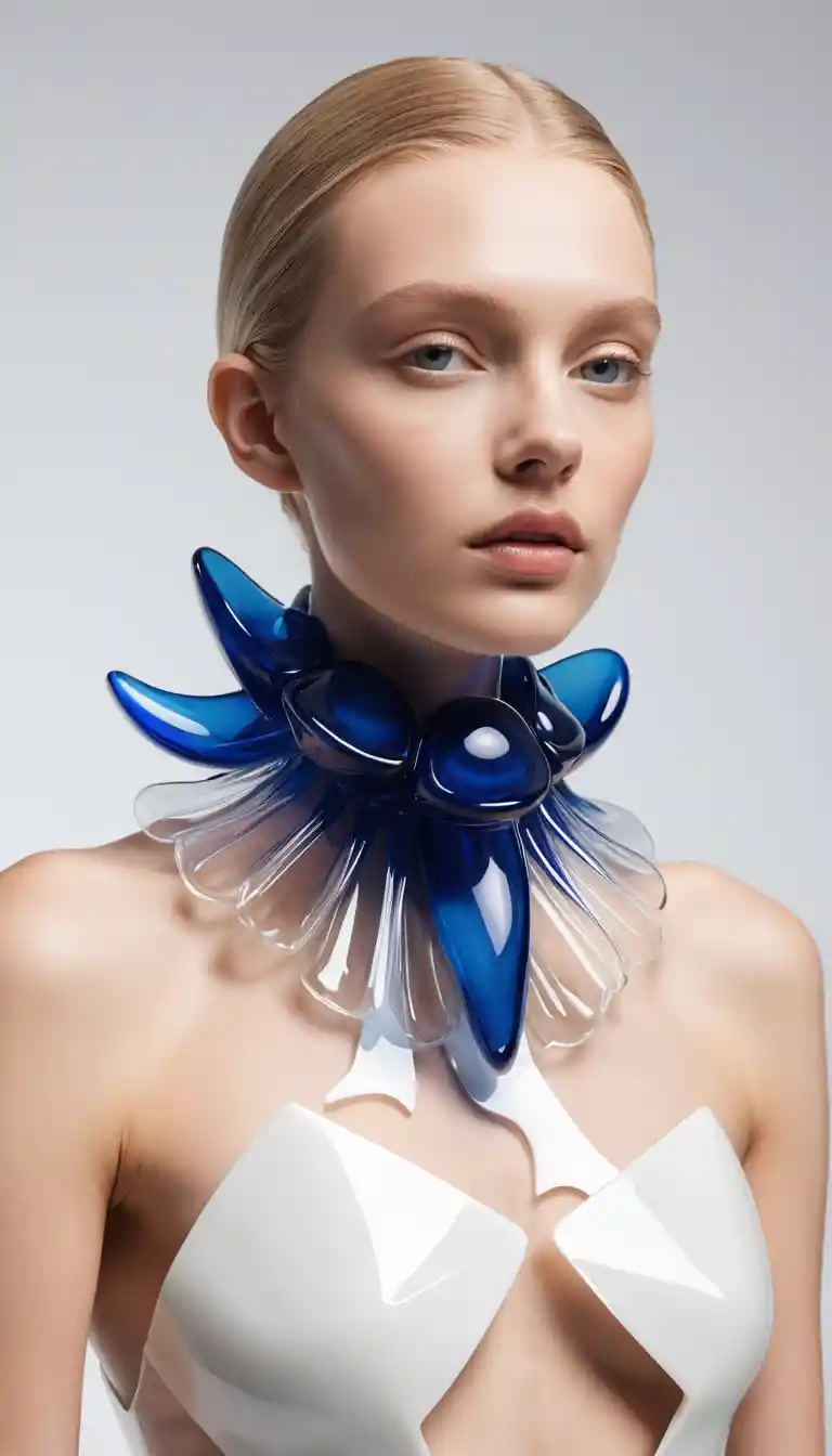A Sculptural Floral Necklace Wraps the Neck in Translucent Plastic Forms