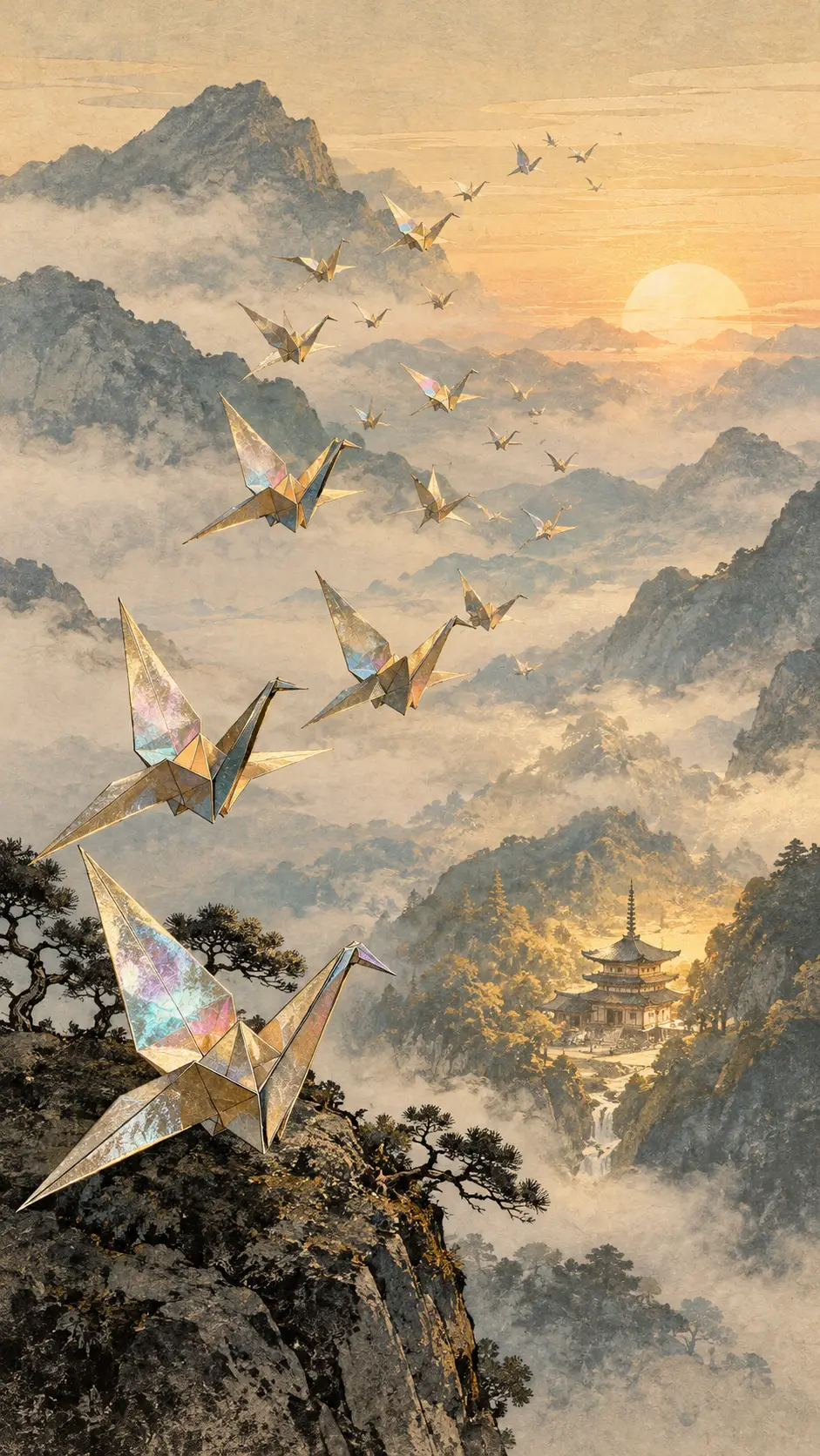 Origami-Kraniche steigen bei Tagesanbruch über einem nebelverhangenen Berggipfel auf