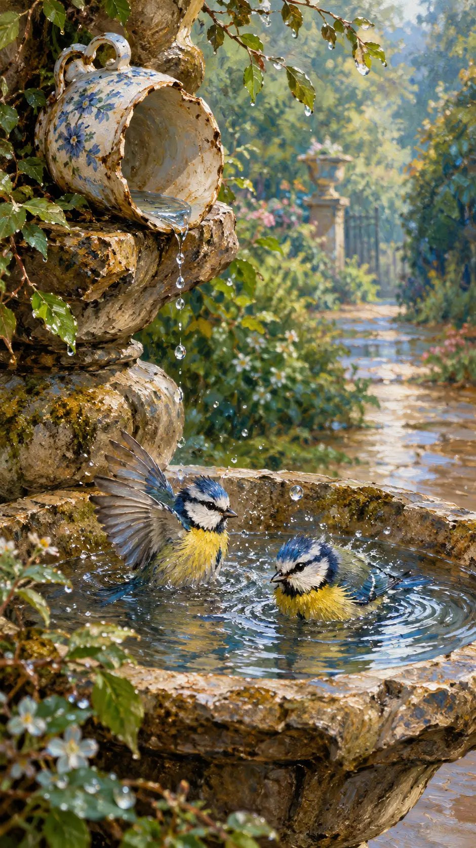 Two blue tits bathe in a stone fountain beneath a rain-filled teacup