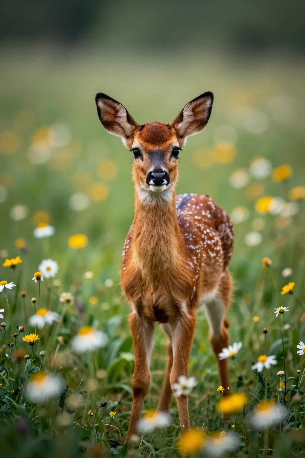 A young fawn among meadow daisies in soft, dreamy focus