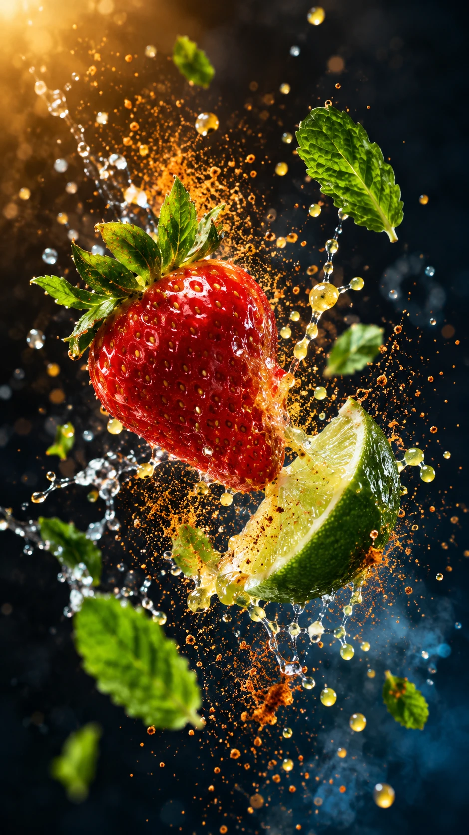 A strawberry and lime wedge explode midair amid swirling juice and spice