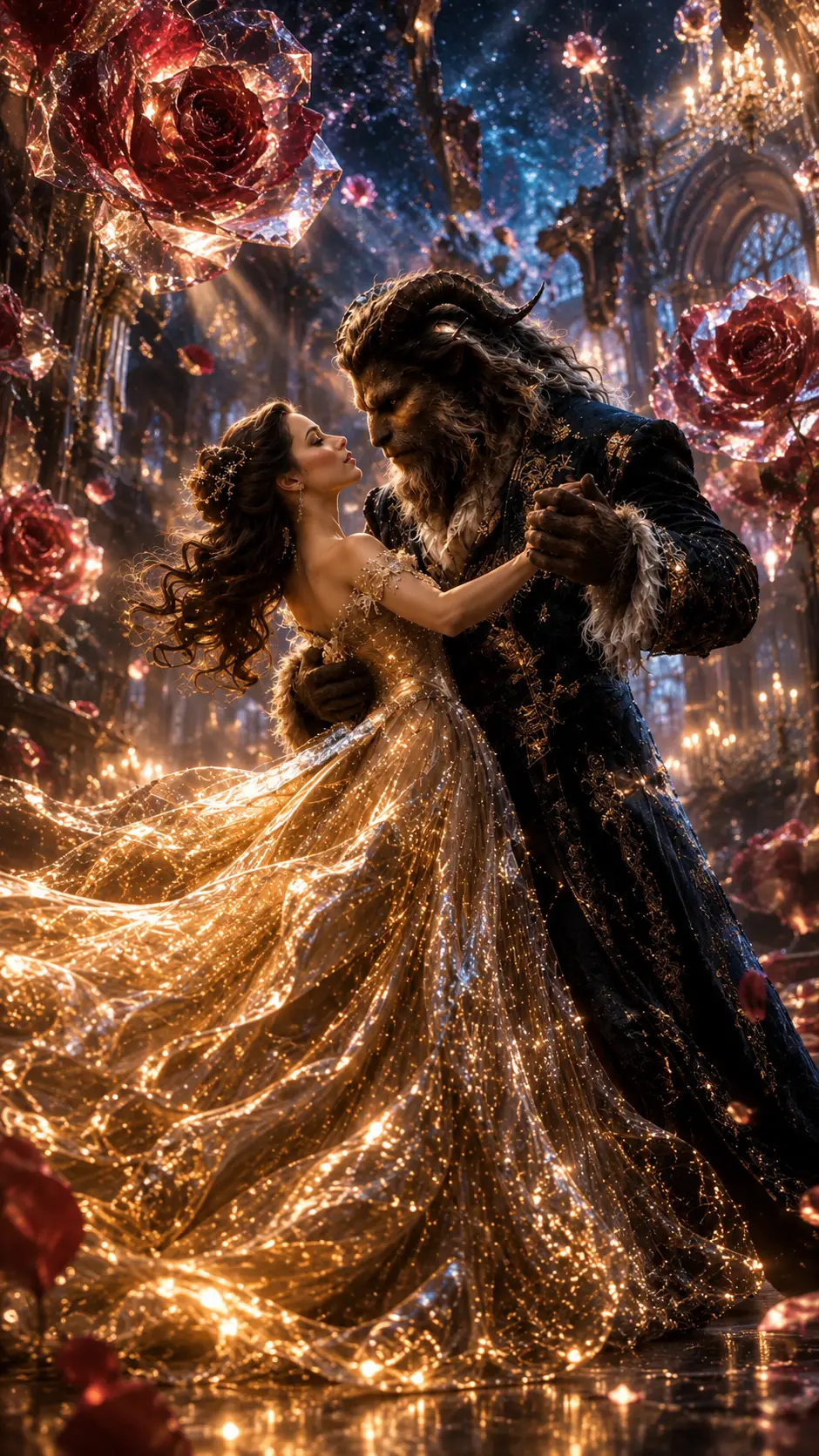 Beauty and the Beast Dance Beneath Crystalline Roses in a Ballroom