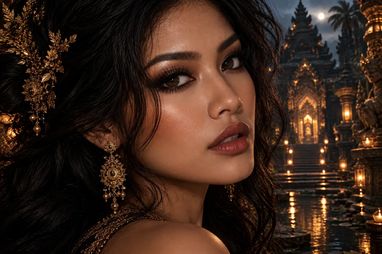 Surreal close-up portrait of an Indonesian woman with smoky eyes