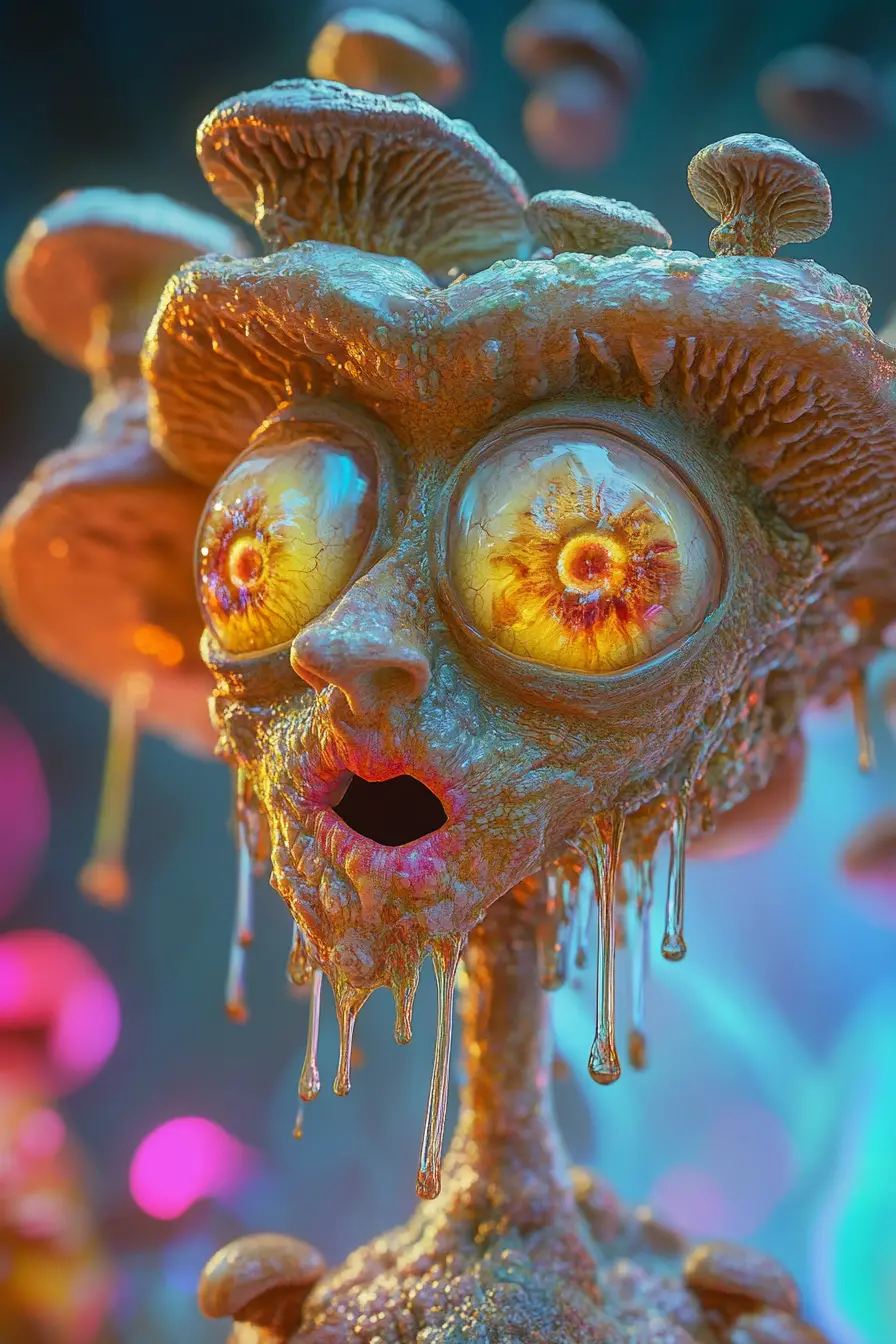 A Split Faced Fungal Creature Reveals Glowing Mycelium and Grinning Sprouts