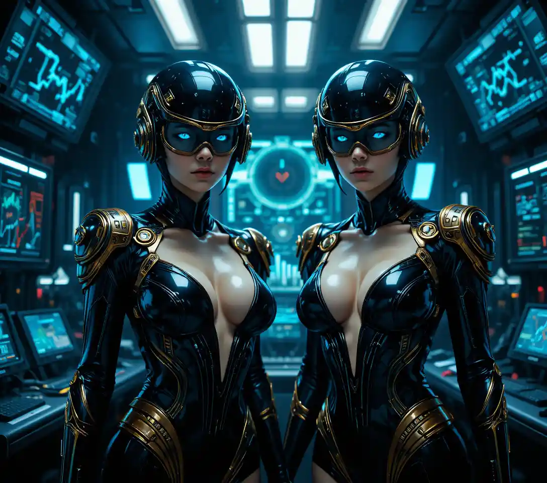Due donne con casco in un centro di comando futuristico