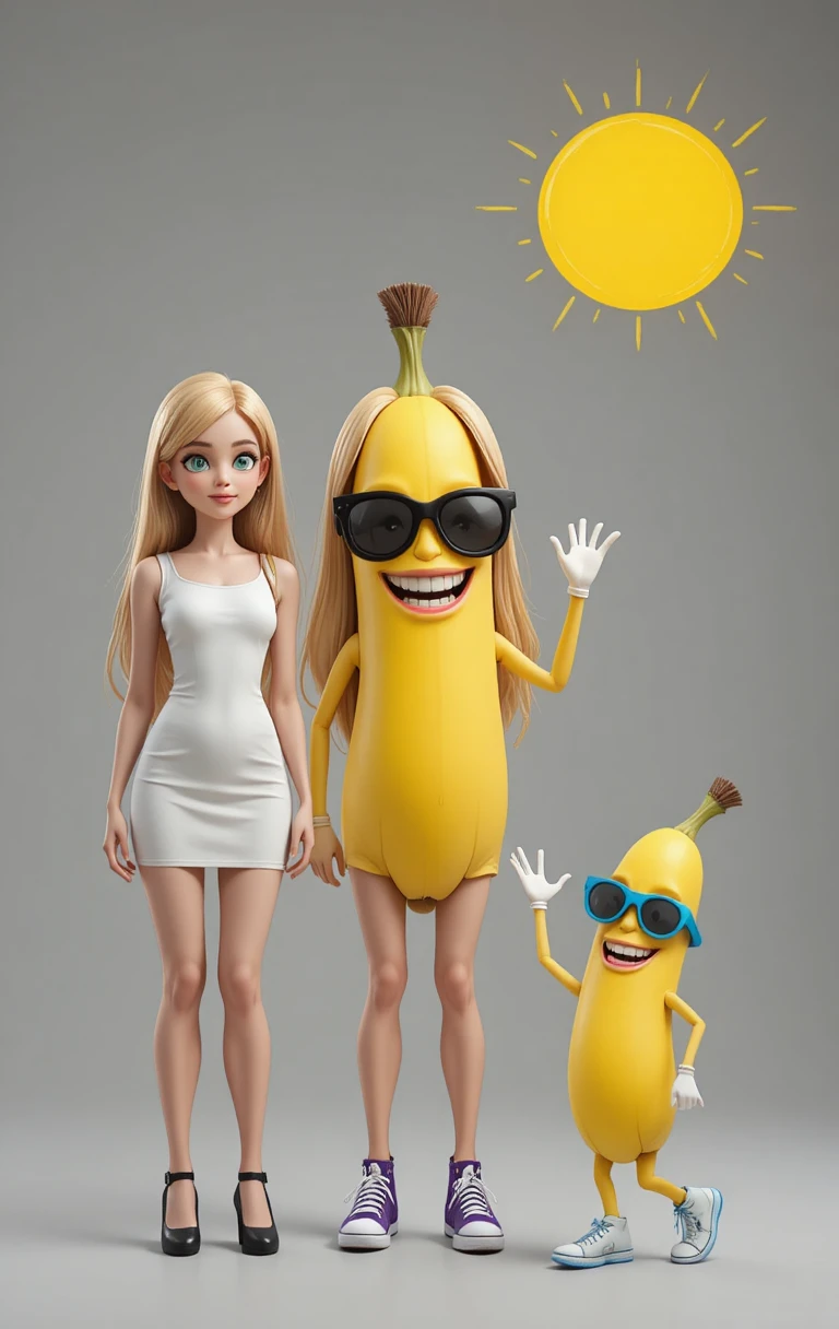 Eine Frau und zwei Bananen mit Sonnenbrillen unter einer gelben Sonne