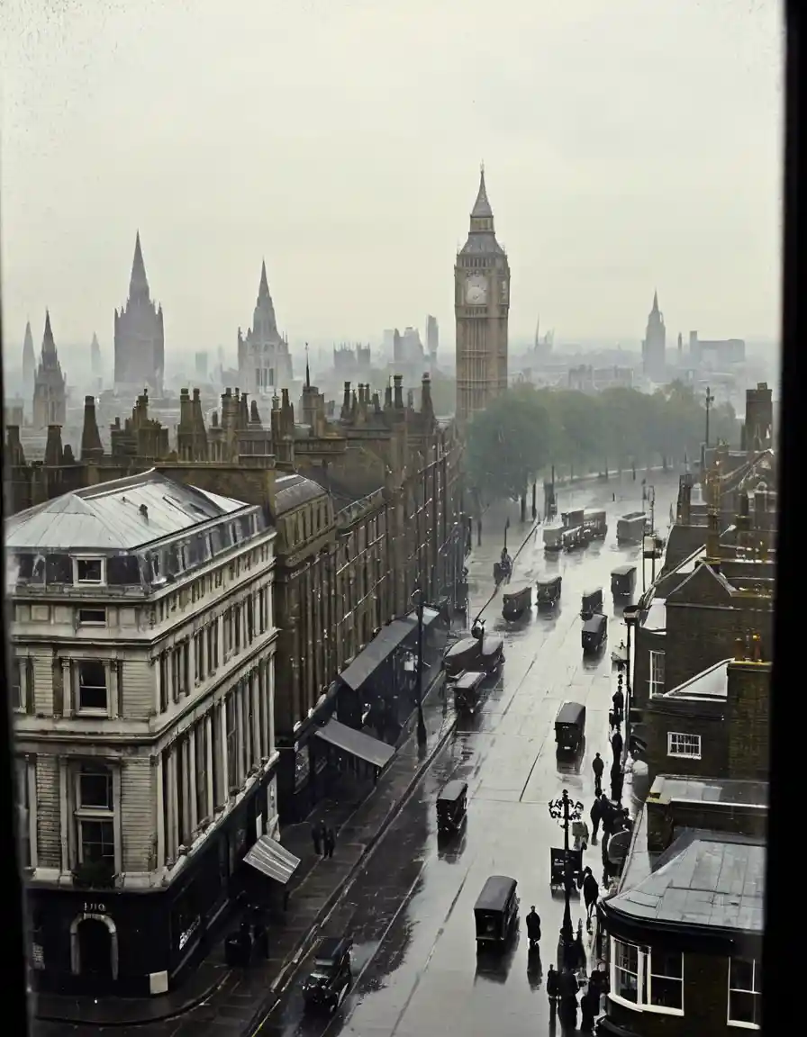 A Rainy View of London Through a Spattered Window Around 1910