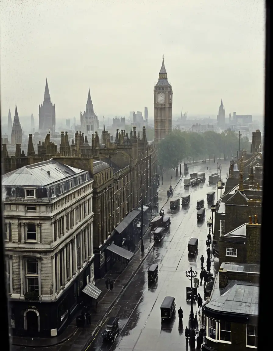 A Rainy View of London Through a Spattered Window Around 1910