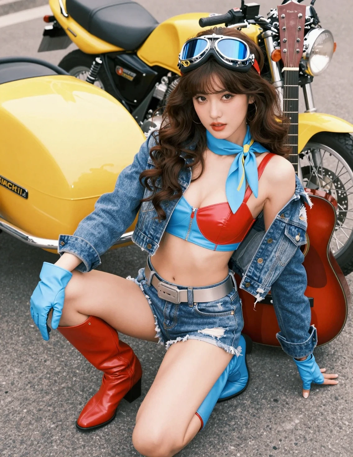 A crouching woman poses beside a vintage motorcycle and sidecar