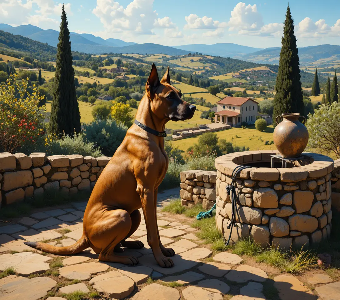 Un pastore belga malinois è vigile accanto a un antico pozzo in pietra in campagna