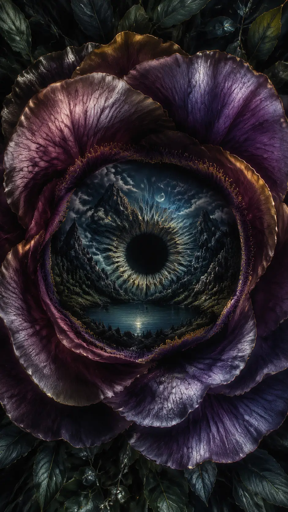 A vast flower surrounds a dark eye-like center