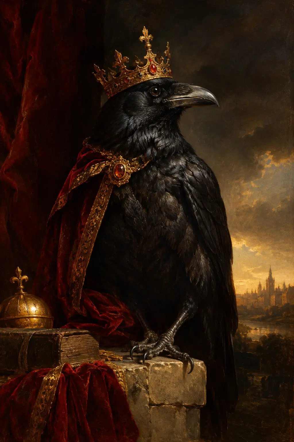 A crowned crow in a dark fantasy portrait
