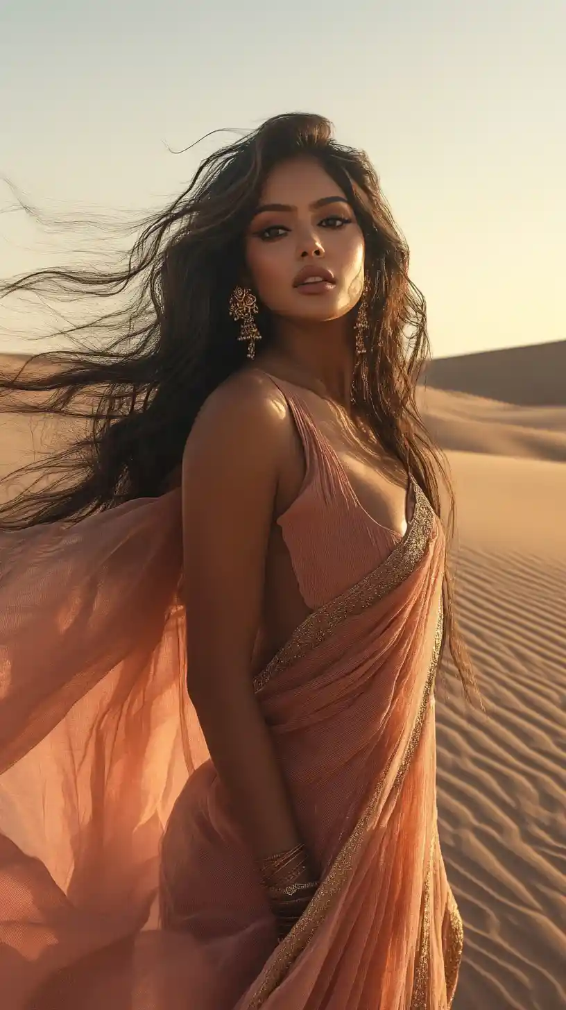 Una donna indiana posa con un look da spiaggia rosa e svolazzante tra dune dorate del deserto