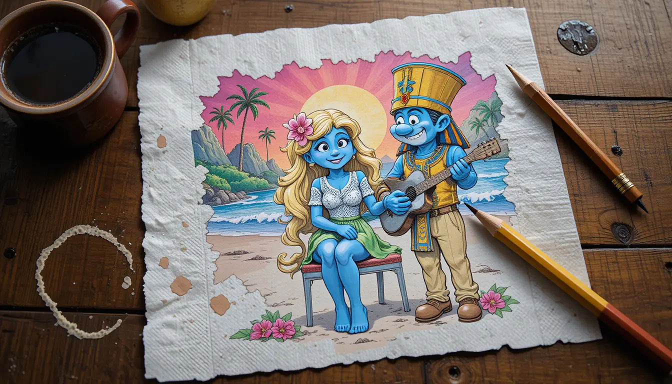 Three Smurf Characters Celebrate on a Tropical Beach at Sunset