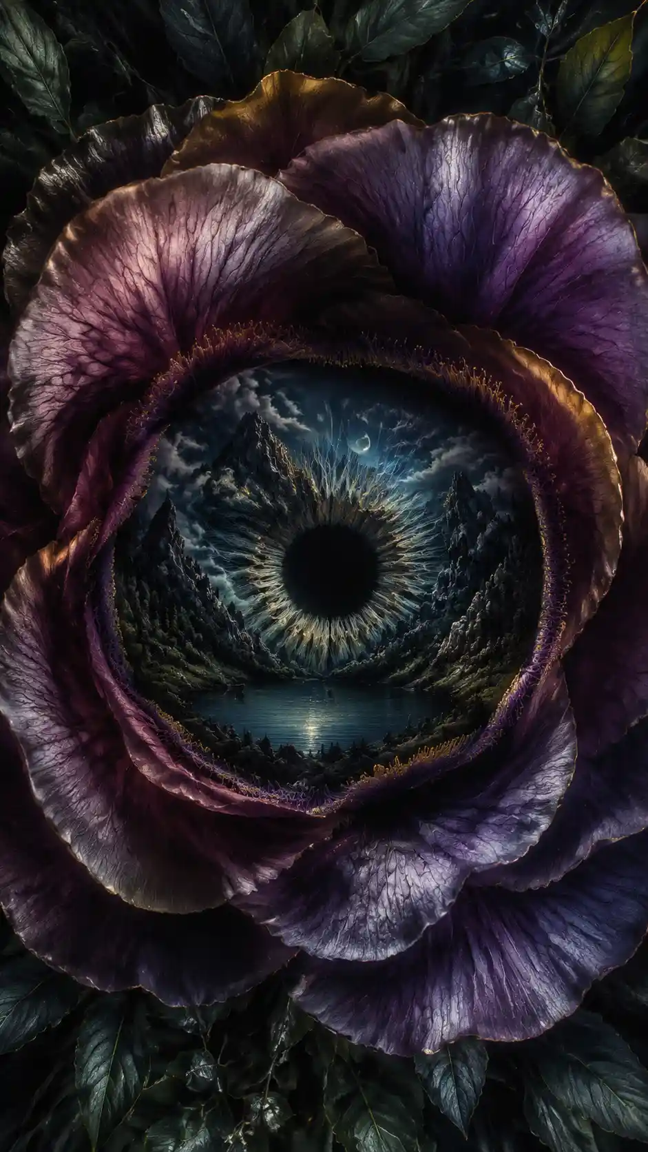 Uma enorme flor envolve um centro escuro semelhante a um olho