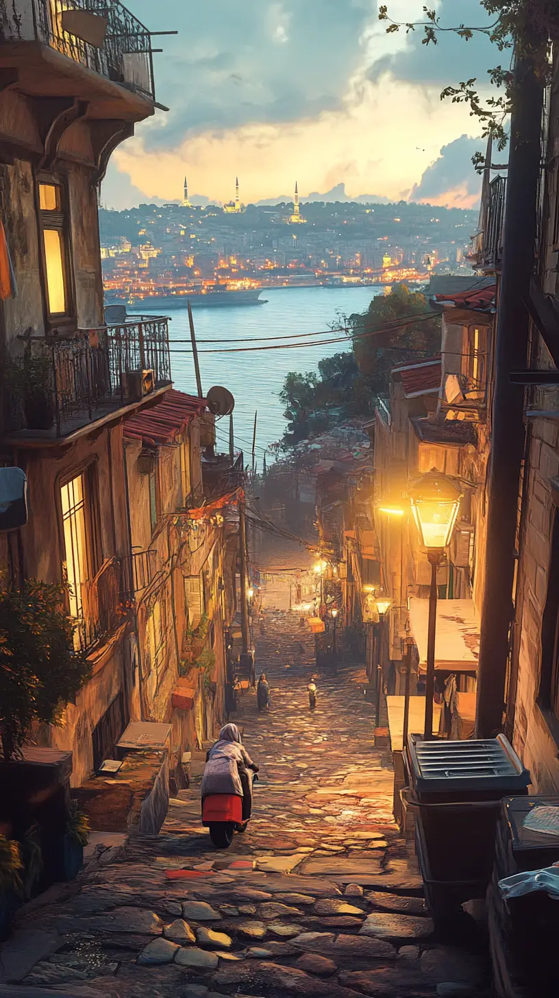 Una ripida strada acciottolata scende attraverso un quartiere costiero segnato dal tempo