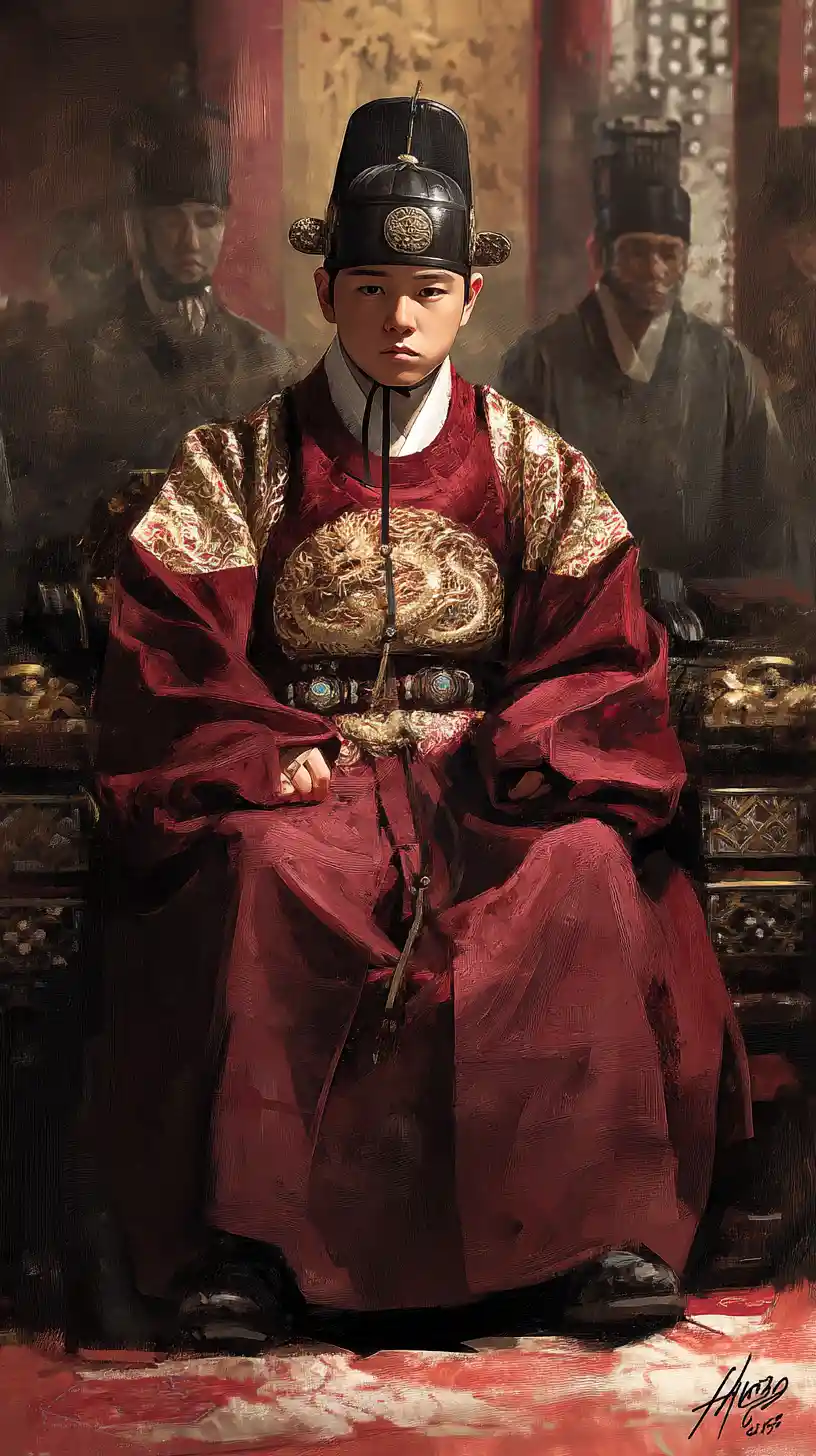 A young Korean king sits upon his throne after coronation