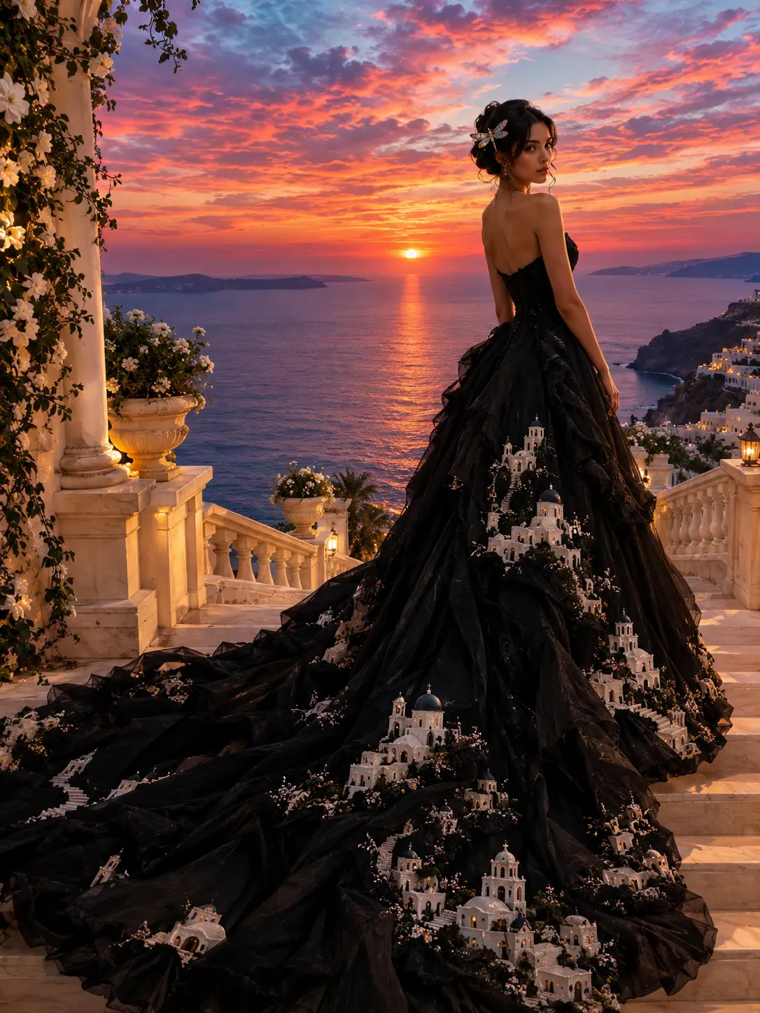 Eine Frau im schwarzen Ballkleid mit Blick auf das Meer im Sonnenuntergang