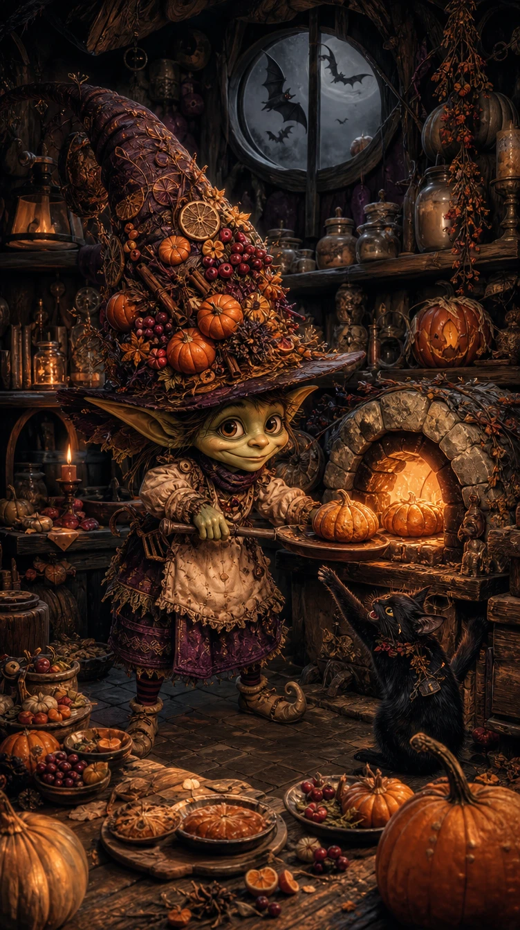 Un fornaio goblin sforna dolci alla zucca nella cucina di un bosco