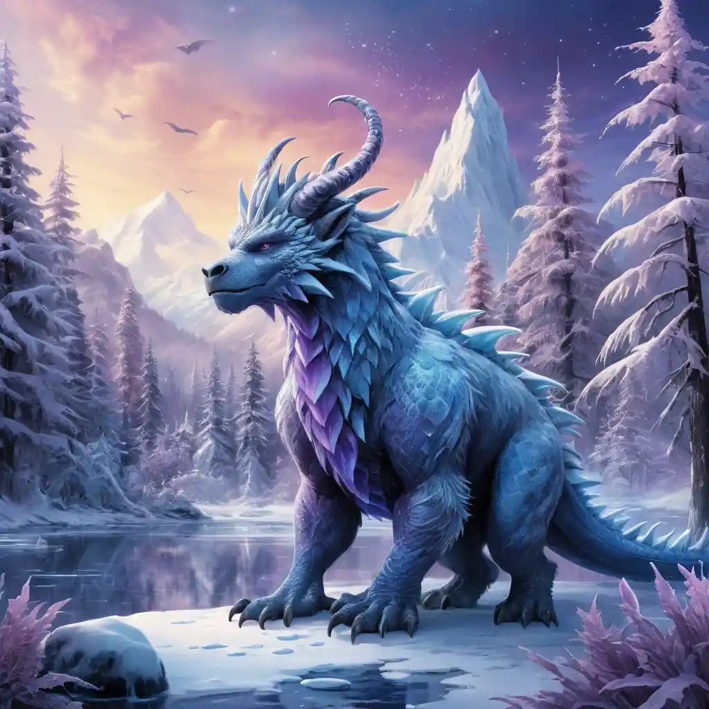 Yeti e draghi di ghiaccio si aggirano in un paesaggio invernale innevato sotto un cielo color zaffiro e ametista