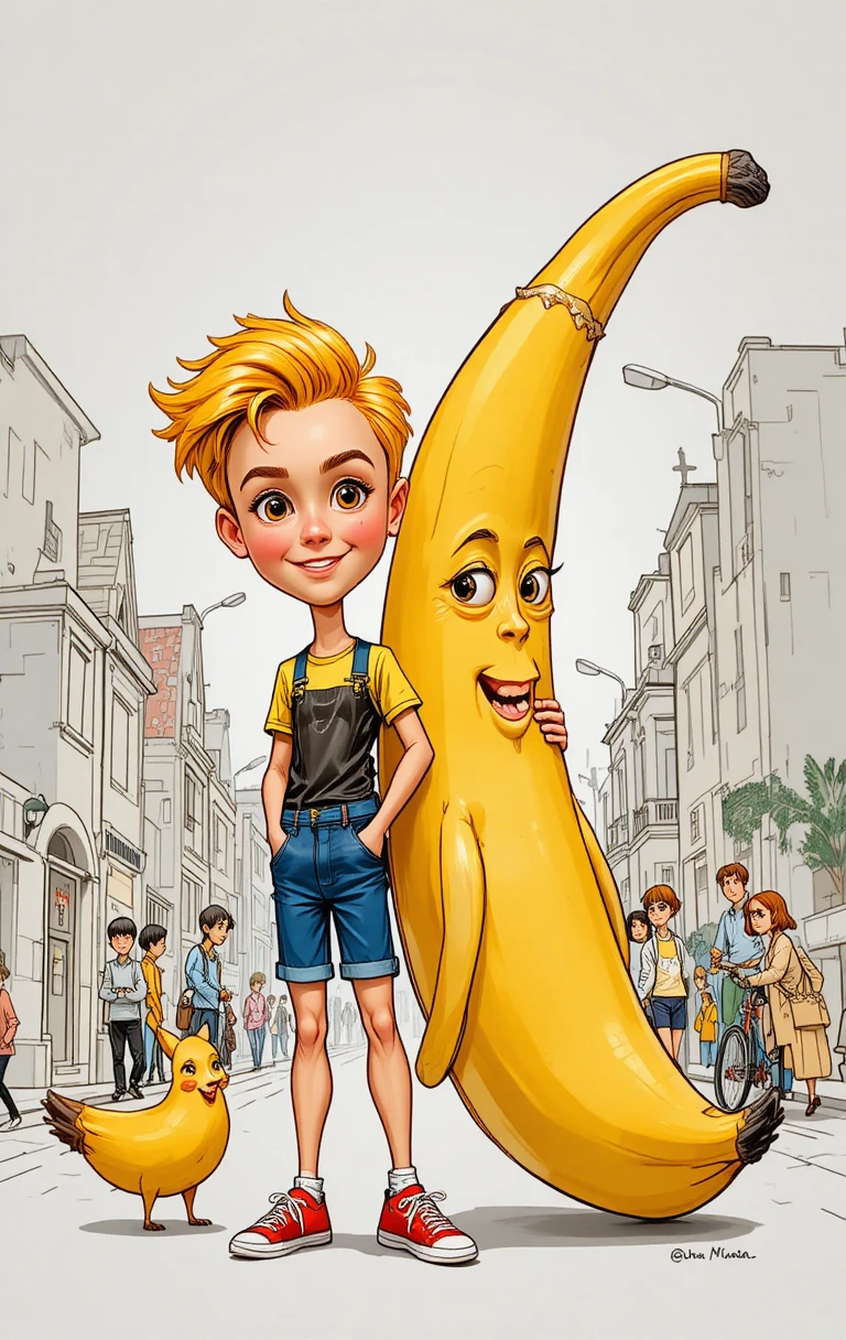 Un ragazzo lentigginoso e il suo cane attento in una classica vignetta a fumetti