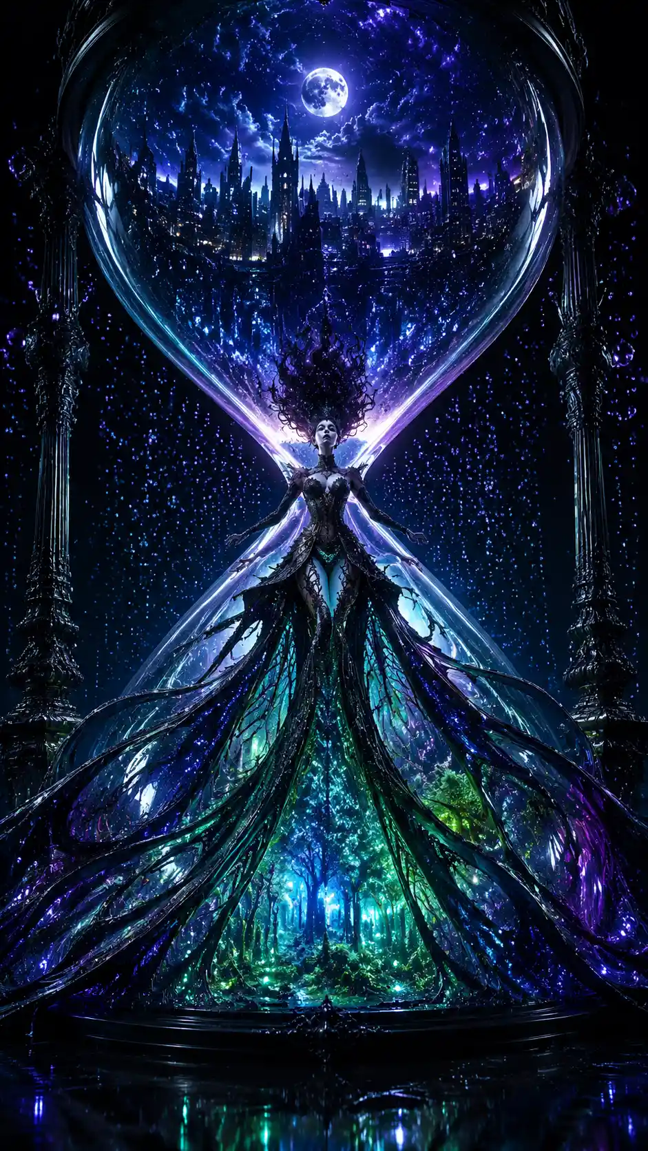 A couture woman stands within an enormous impossible hourglass