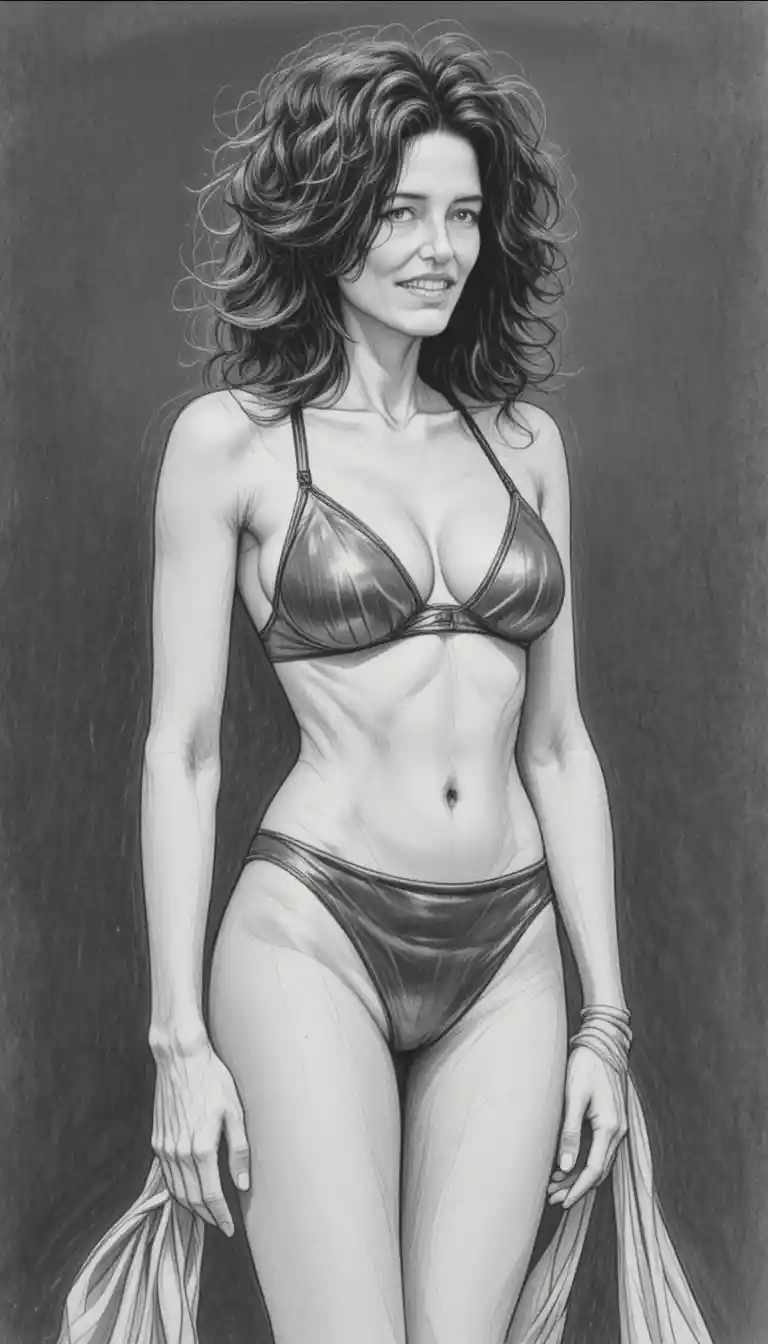 Una donna fantasy con un top bikini in pelle, avvolta in un tessuto leggero