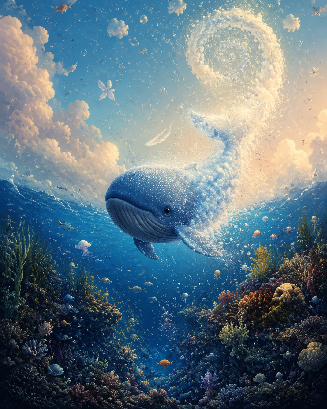 A tiny whale floats between the deep ocean and open sky