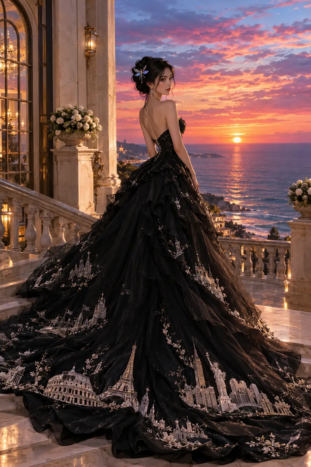 A woman looks back from a grand staircase over the sunset ocean