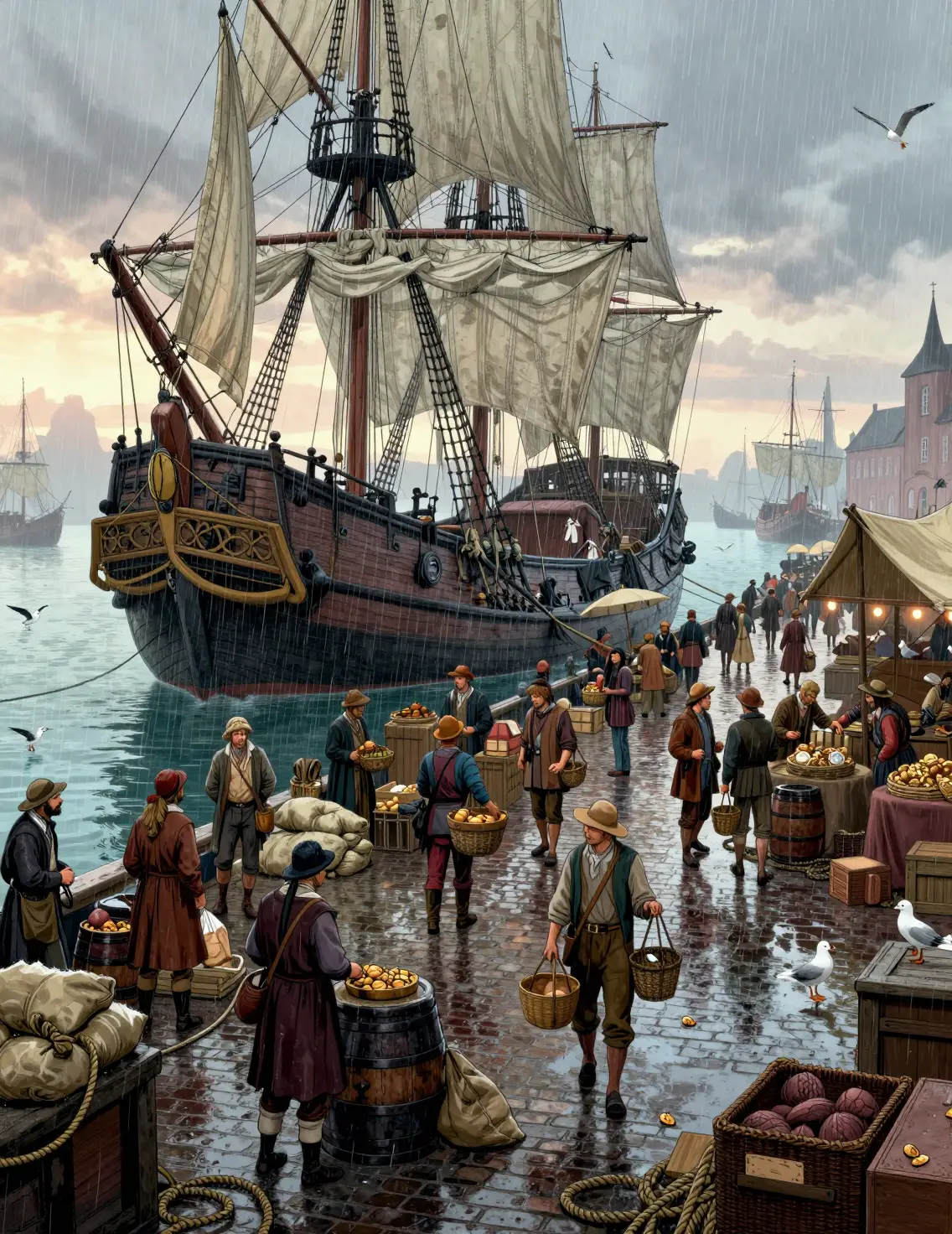 A rainy dawn harbor marketplace bustles beside moored sailing ships