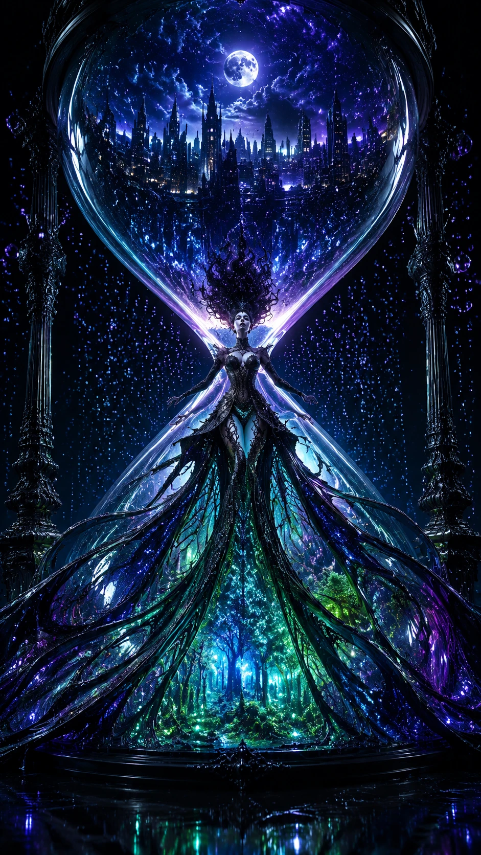 A couture woman stands within an enormous impossible hourglass