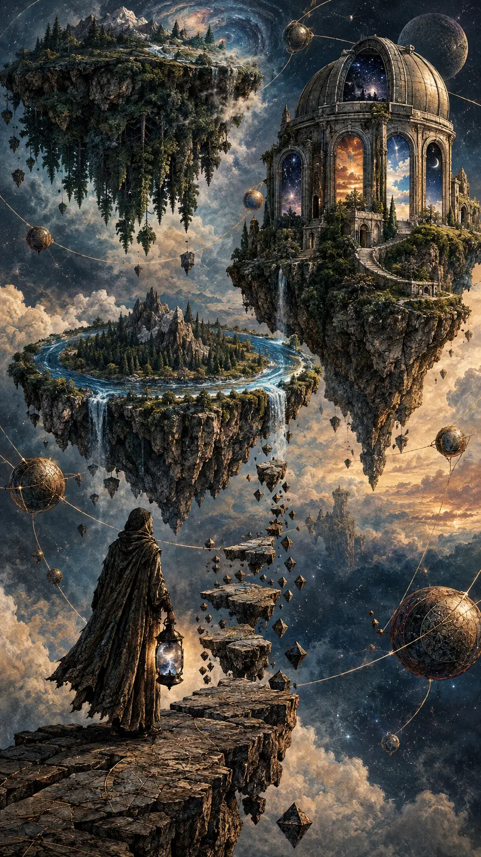 Enormous floating islands drift across a surreal celestial void