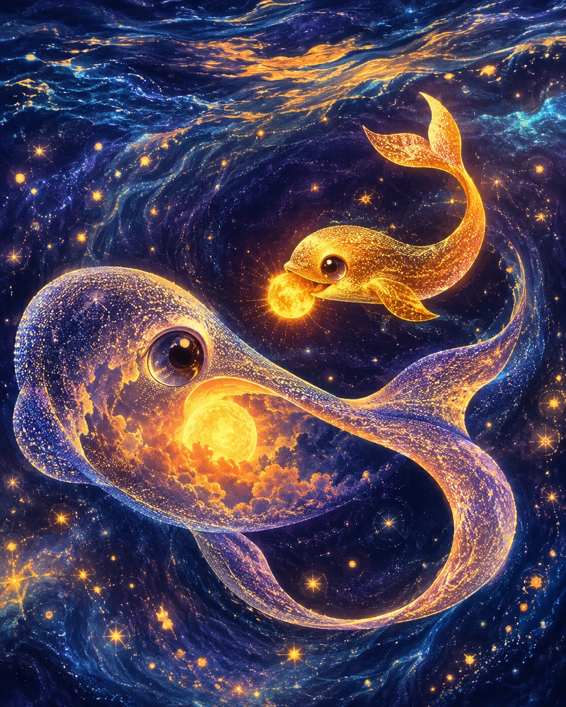 A tiny whale drifts through a moonlit cosmic ocean