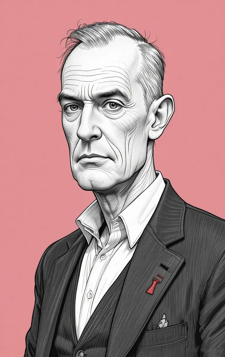 A Hand-Drawn Caricature Portrait of an Older Man in a Light Suit