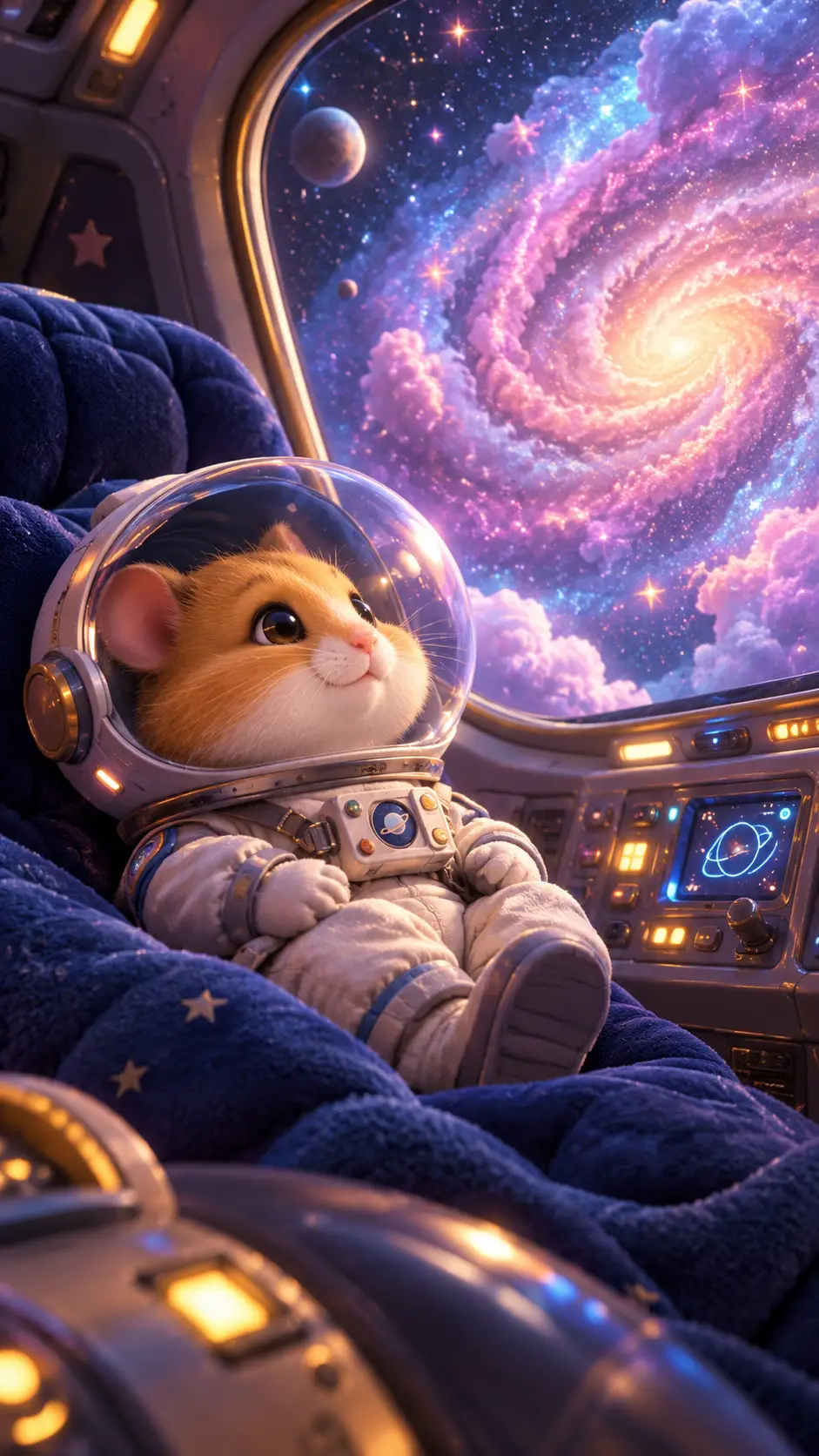 A hamster astronaut floats quietly inside a plush spacecraft cockpit