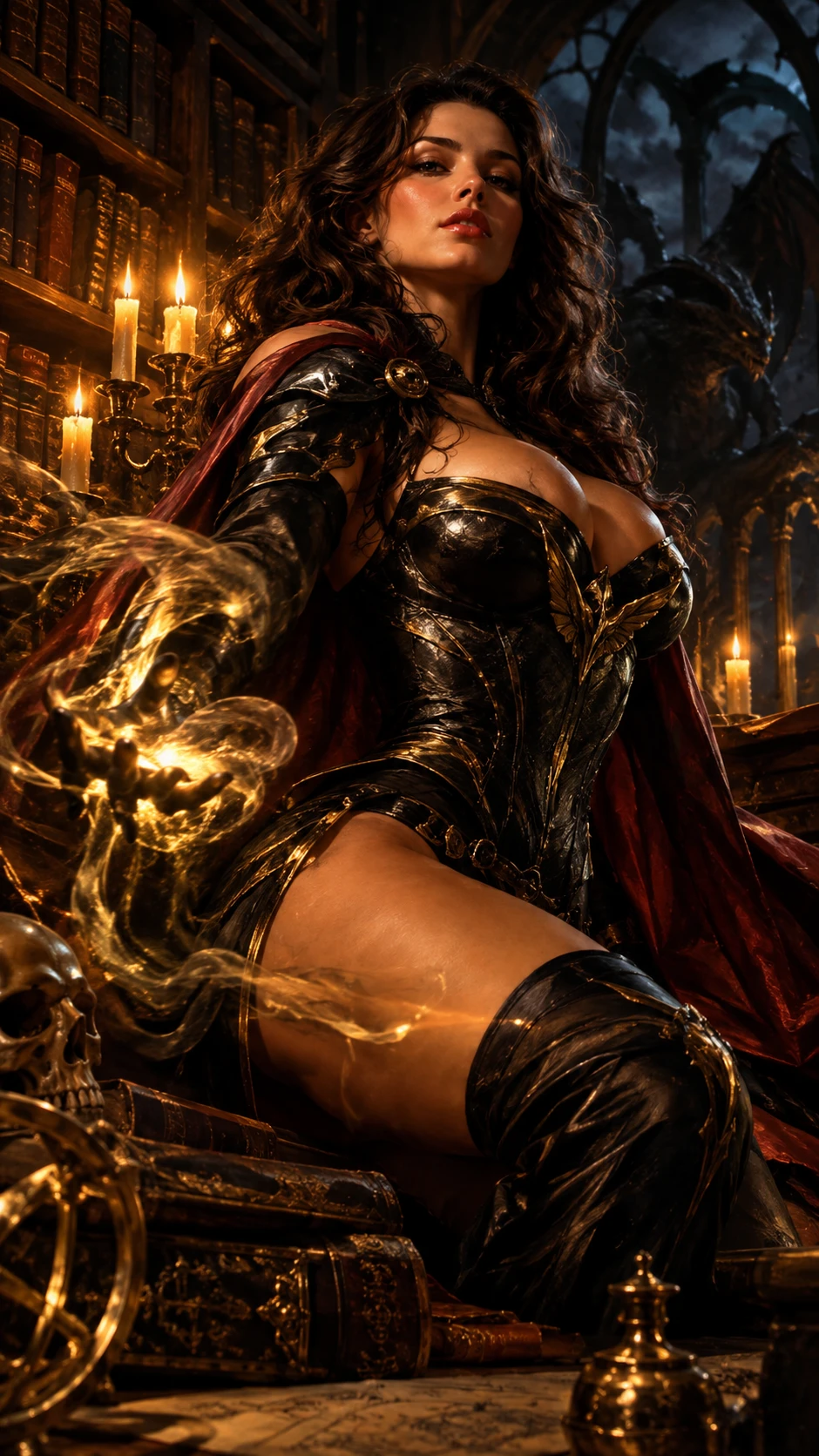 A dark fantasy superheroine in a candlelit Victorian library