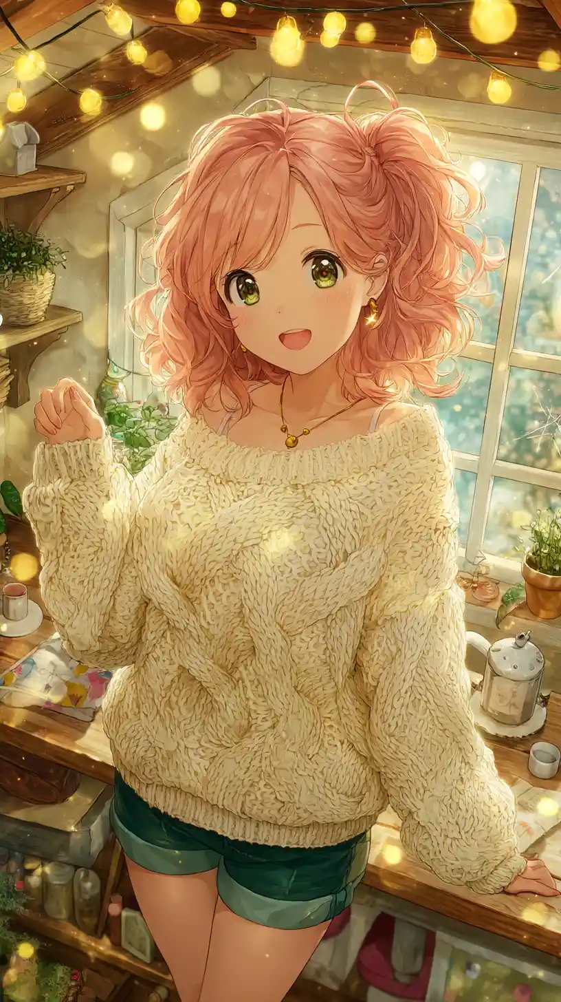 Ragazza anime in un ambiente accogliente illuminato da luci decorative
