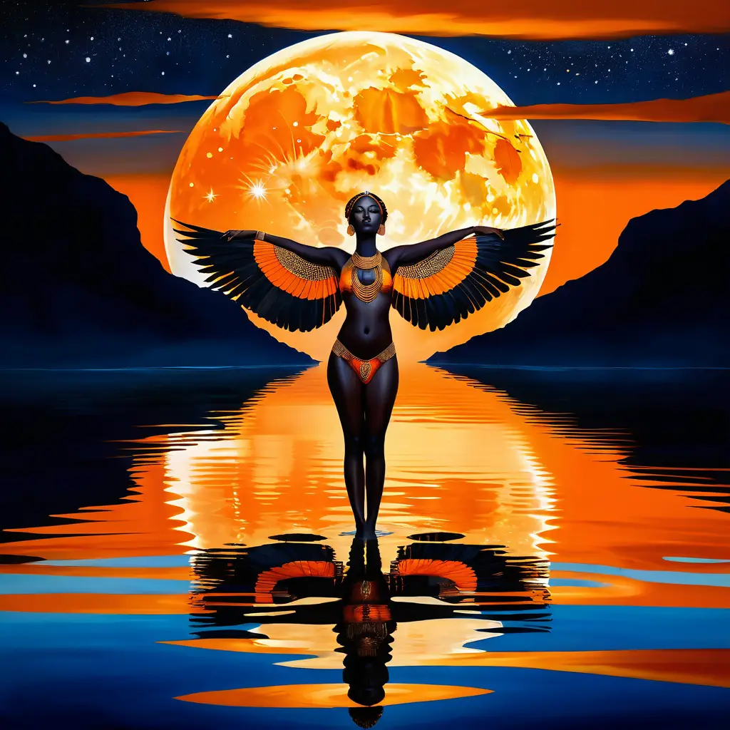 Una donna africana è in piedi su una scogliera sotto una luna luminosa