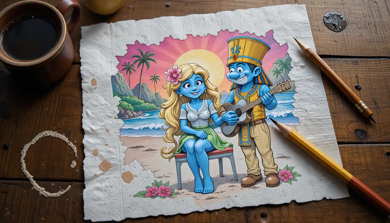 Three Smurf Characters Celebrate on a Tropical Beach at Sunset